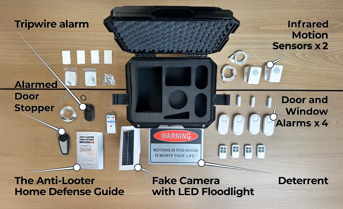 Complete Anti-Looter Kit with case, alarms, sensors, flood light, door jammer, warning sign, and guide