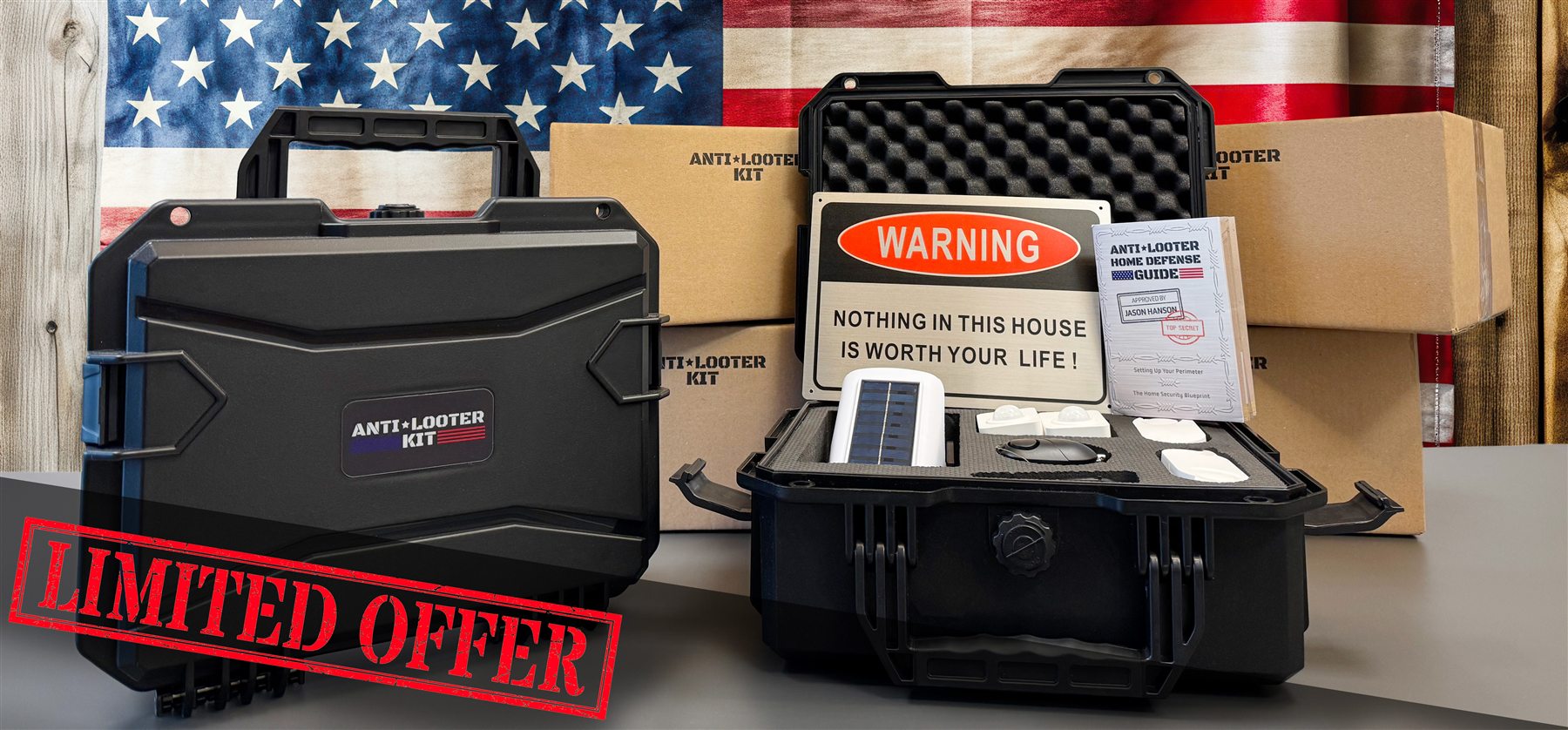 Anti-Looter Kit case, alarms, flood light, warning sign, and guide
